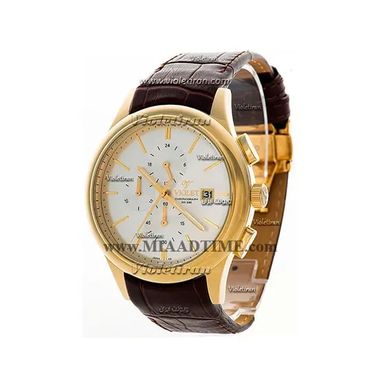 ساعت ویولت Violet مردانه کرنوگراف گرد چرمی طلایی صفحه سفید کد 0402/2G ساعت ویولت مردانه اسپرت اصل